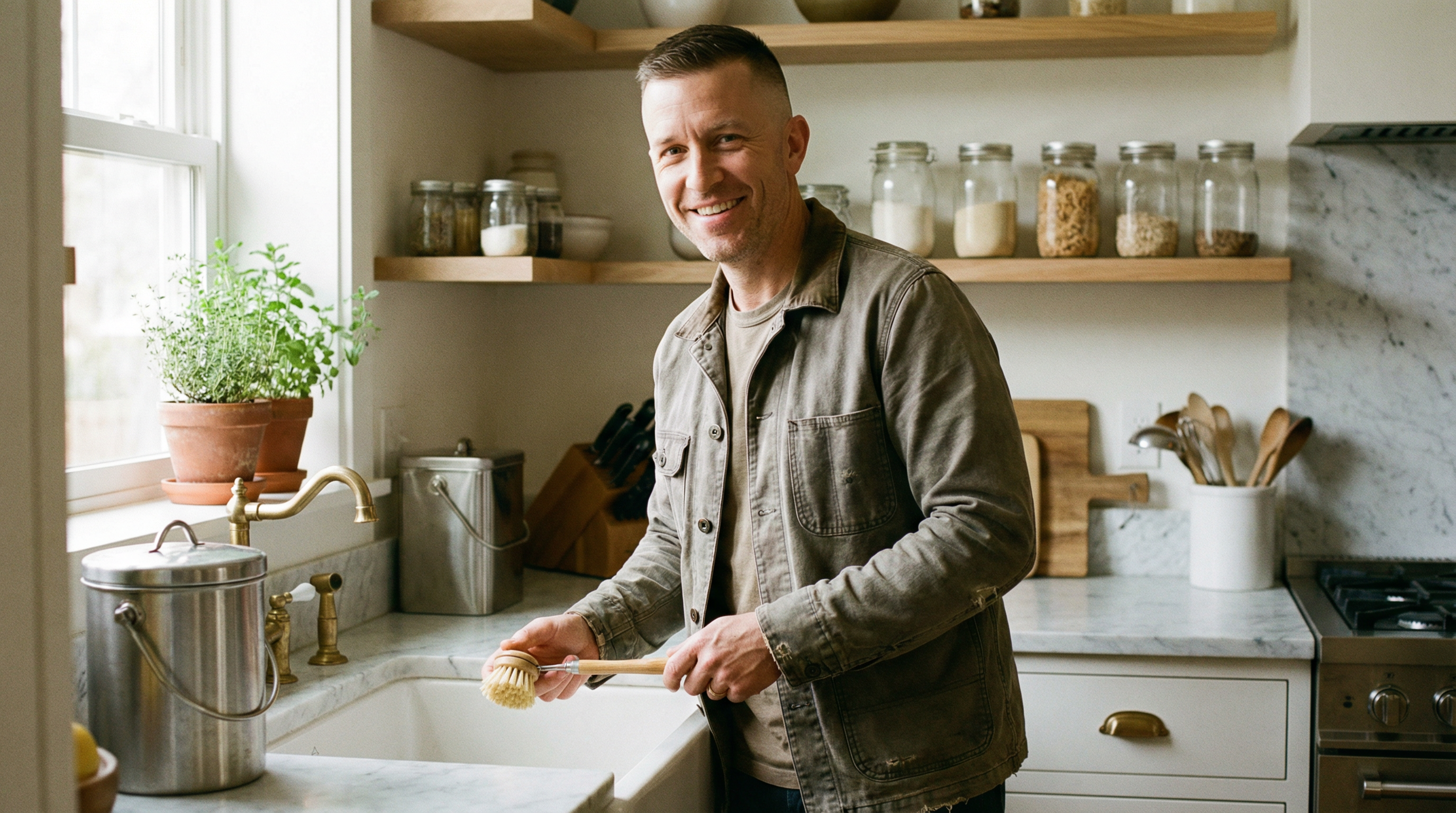 Matt in his zero-waste kitchen holding a bamboo dish brush