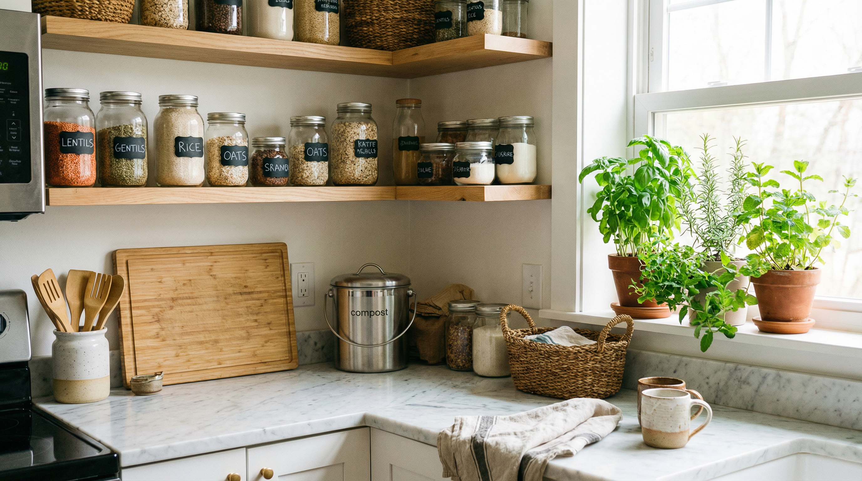 A well-organized zero-waste kitchen with glass jars, bamboo utensils, stainless steel compost bin, and fresh herbs on the windowsill