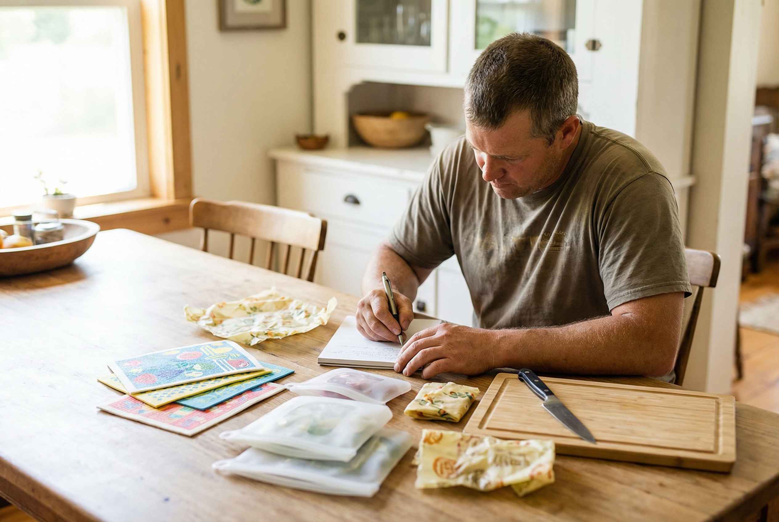 Matt testing and reviewing zero-waste kitchen products at his kitchen table