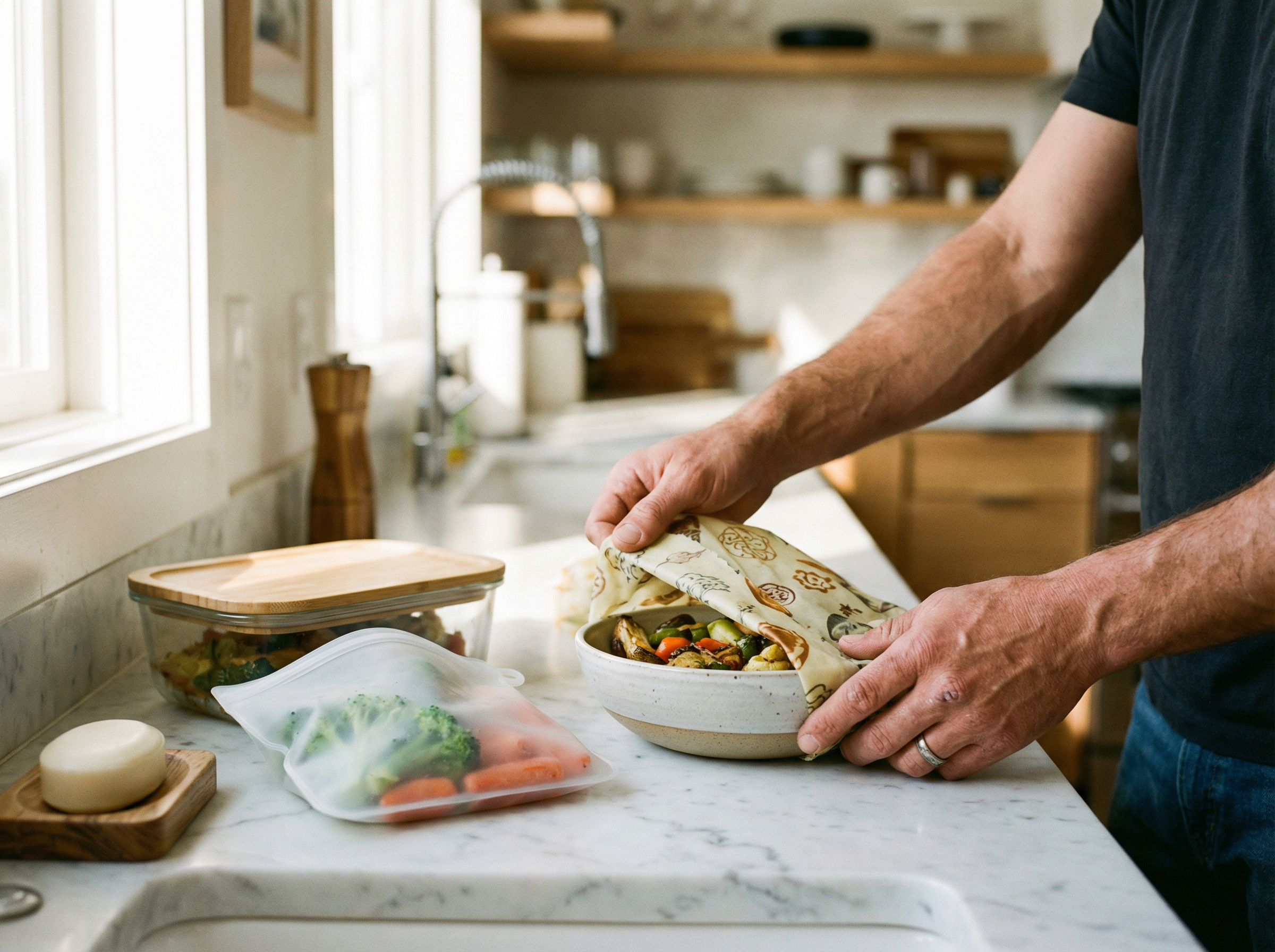 Hands using beeswax wrap to cover a bowl of leftovers on a marble counter