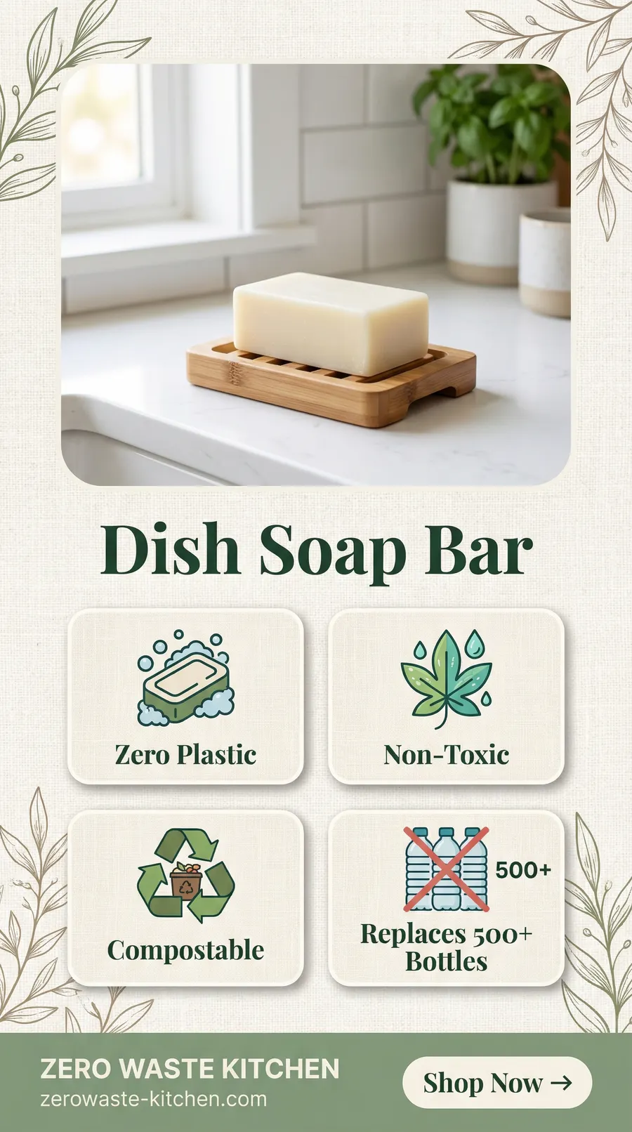 Dish soap bar benefit tile: Plastic-Free, Washable, Long-Lasting, Eco-Friendly — Zero Waste Kitchen