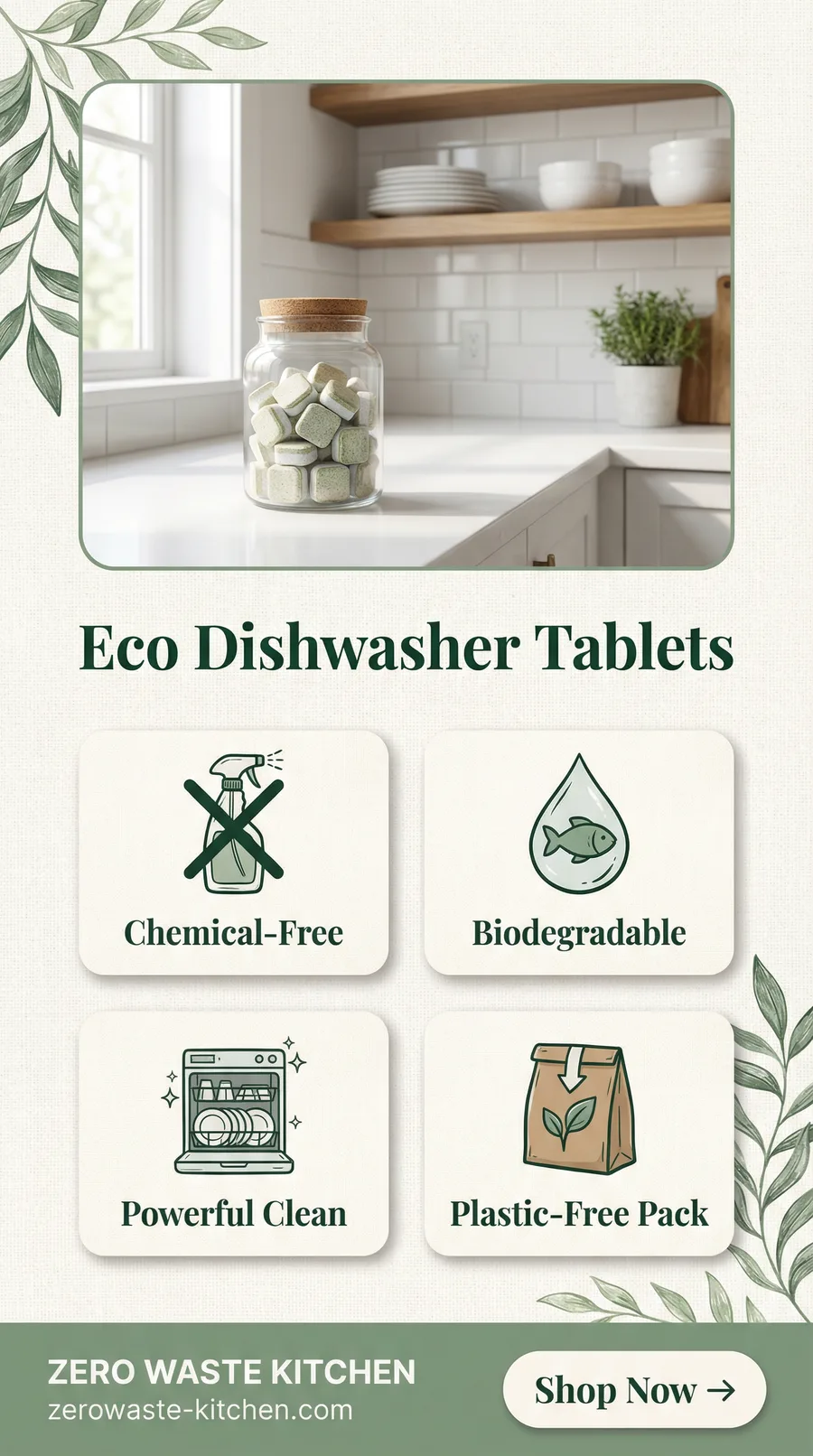 Eco-friendly dishwasher tablets benefit tile: Plastic-Free, Powerful Clean, Sustainable, Zero Waste — Zero Waste Kitchen