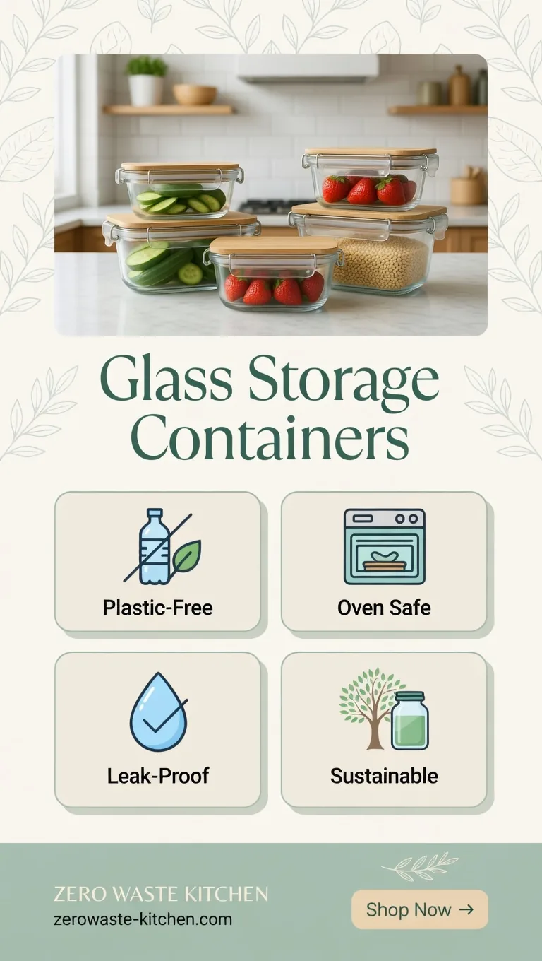 Glass food storage containers benefit tile: Plastic-Free, Oven Safe, Leak-Proof, Sustainable — Zero Waste Kitchen