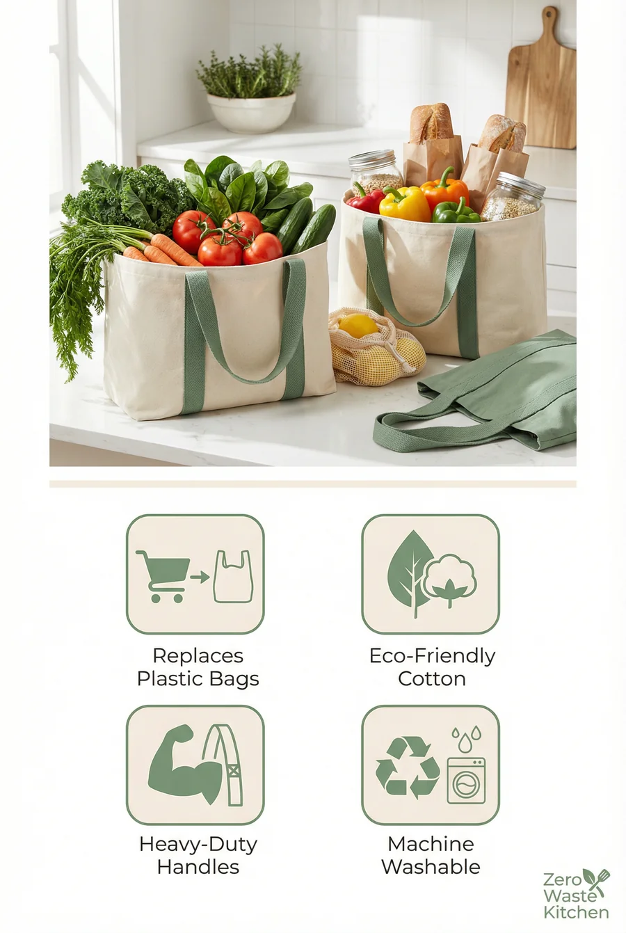 Reusable grocery tote bags benefit tile: Replaces Plastic Bags, Eco-Friendly Cotton, Heavy-Duty Handles, Machine Washable — Zero Waste Kitchen