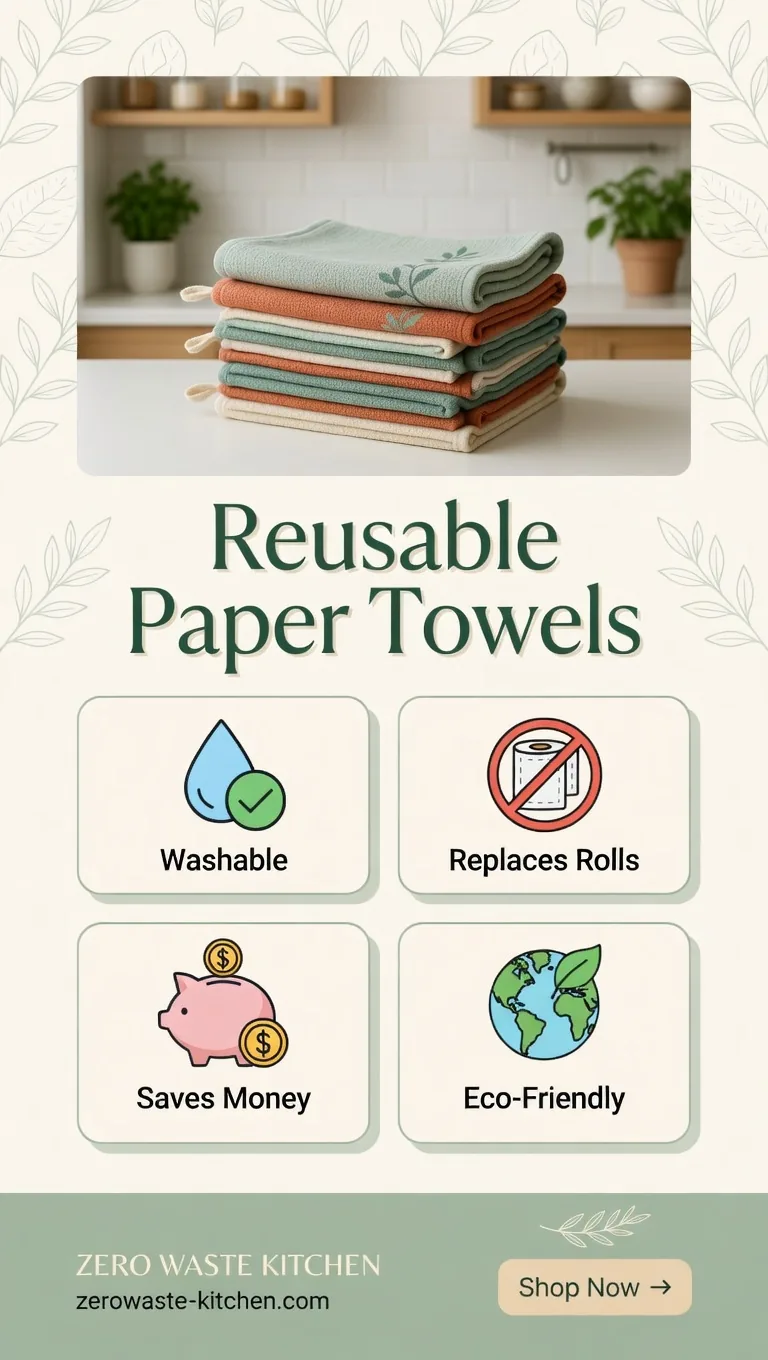 Reusable paper towels benefit tile: Washable, Replaces Rolls, Saves Money, Eco-Friendly — Zero Waste Kitchen