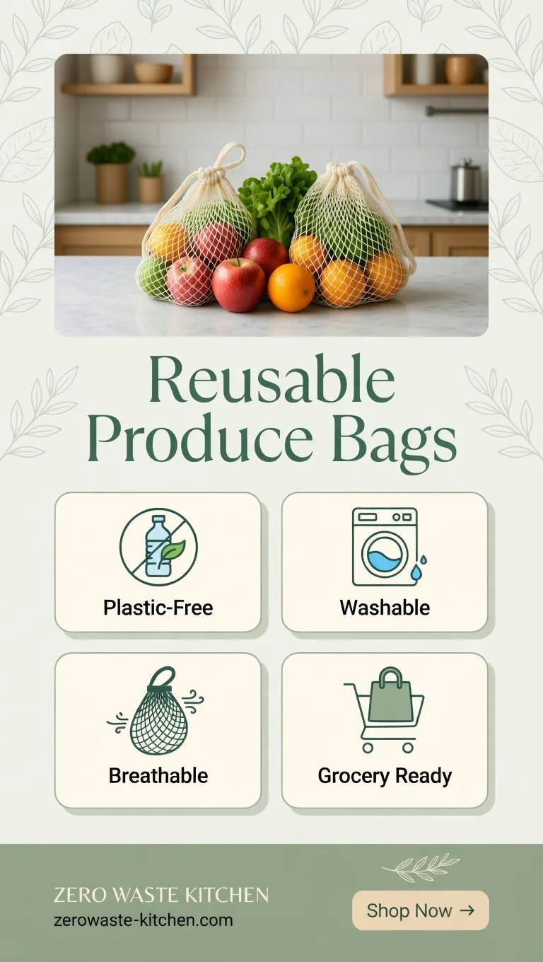 Reusable produce bags benefit tile: Plastic-Free, Washable, Breathable, Grocery Ready — Zero Waste Kitchen