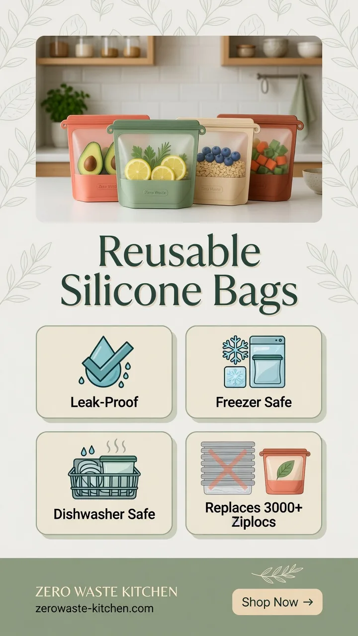 Reusable silicone bags benefit tile: Leak-Proof, Freezer Safe, Dishwasher Safe, Replaces 3000+ Ziplocs — Zero Waste Kitchen