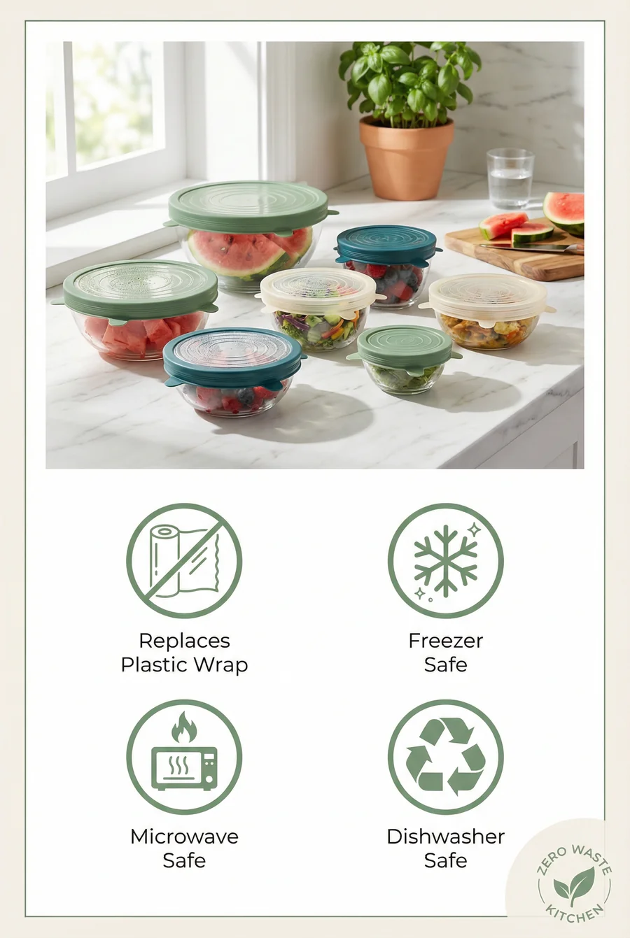 Silicone stretch lids benefit tile: Replaces Plastic Wrap, Freezer Safe, Microwave Safe, Dishwasher Safe — Zero Waste Kitchen