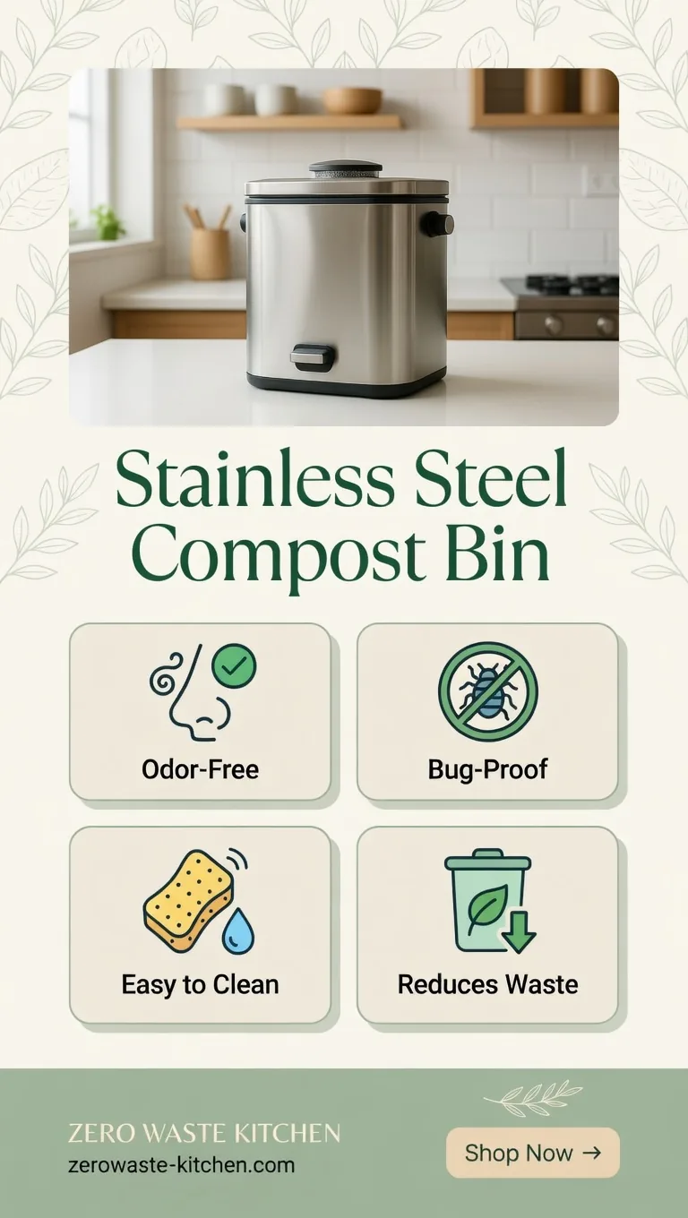Stainless steel compost bin benefit tile: Odor-Free, Bug-Proof, Easy to Clean, Reduces Waste — Zero Waste Kitchen