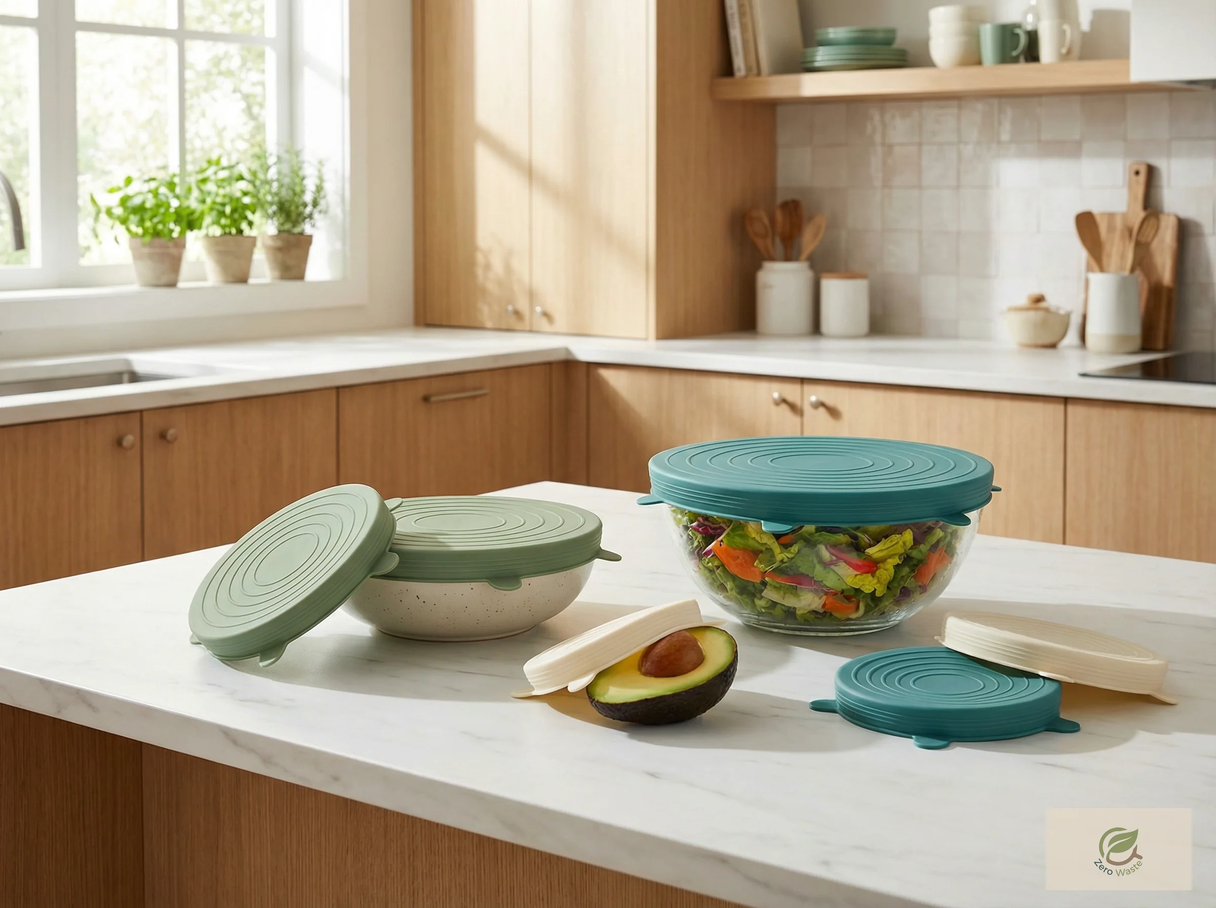 Silicone Stretch Lids on bowls in a bright modern kitchen